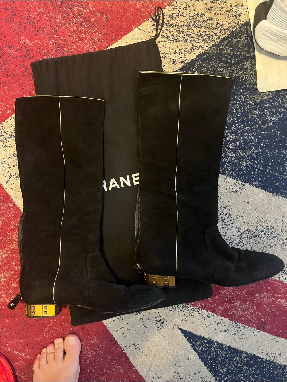 CHANEL Black Suede Knee Boots with Gold Heel Accent